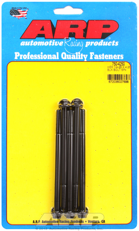 "1/4""-28 x 4.250 hex black oxide bolts" (5pcs)