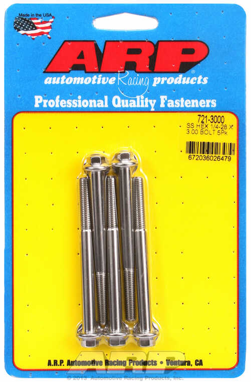 "1/4""-28 x 3.000 hex SS bolts" (5pcs)