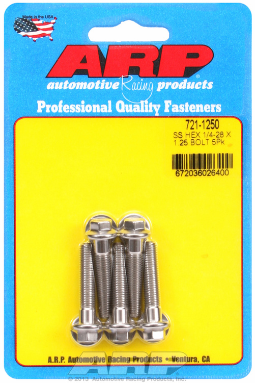 "1/4""-28 x 1.250 hex SS bolts" (5pcs)