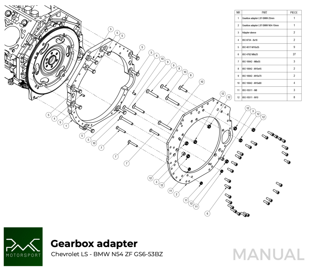 PMC Adapter GM Chevrolet LS - BMW M57N HGU HGK / N54 - 184mm 7.25" (P)