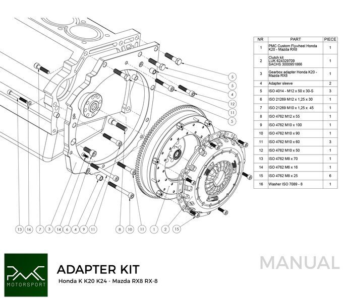 PMC Adapter Kit Honda K - Mazda RX-8 6-speed - 240mm / 9.45"