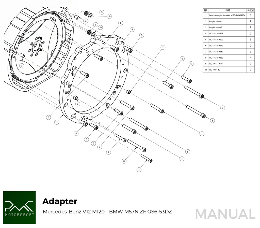 PMC Adapter Kit Mercedes-Benz V12 M120 - BMW M57N HGU HGK / N54 - 240mm / 9.45"