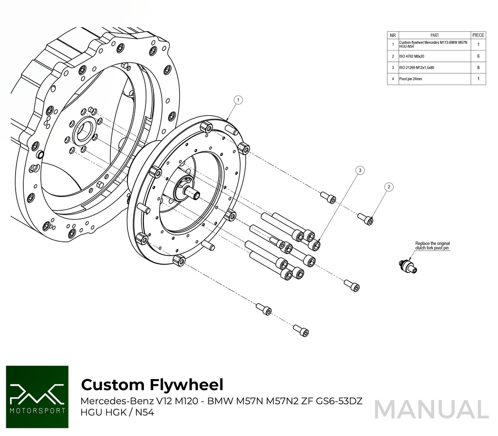 PMC Adapter Kit Mercedes-Benz V12 M120 - BMW M57N HGU HGK / N54 - 240mm / 9.45"
