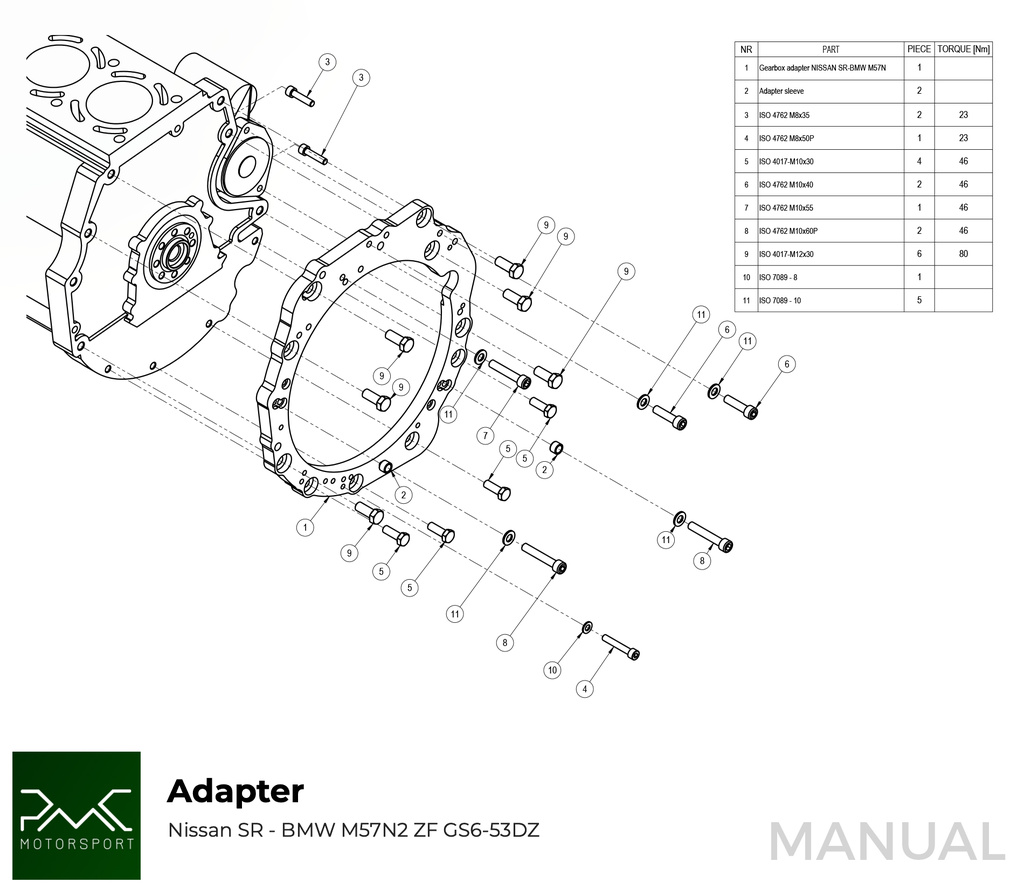 PMC Adapter Kit Nissan SR - BMW M57N HGU HGK - 240mm / 9.45"