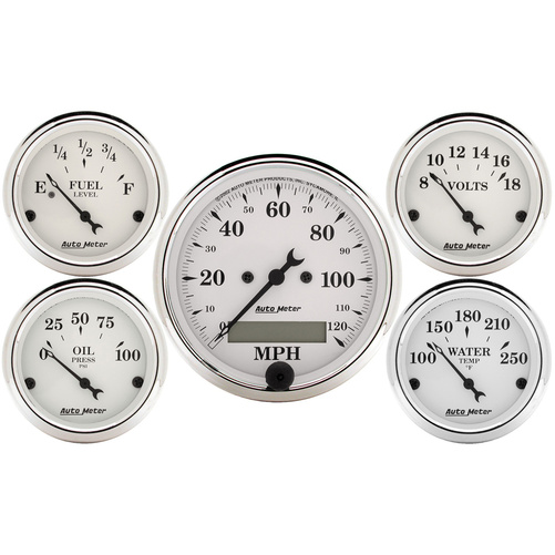 5 Pc. Gauge Kit, 3-1/8" & 2-1/16", Elec. Speedometer, Old Tyme White