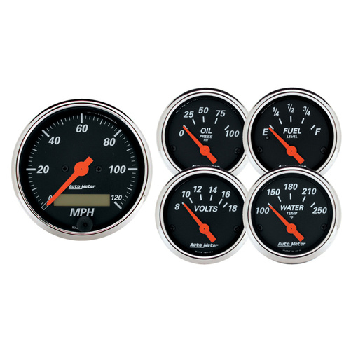 5 Pc. Gauge Kit, 3-1/8" & 2-1/16", Elec. Speedometer, Designer Black