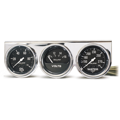 Gauge Console, Oilp/Wtmp/Volt, 2-5/8", 100 Psi/280 °F/16v, Blk Dial, Chrome Bzl, Ag