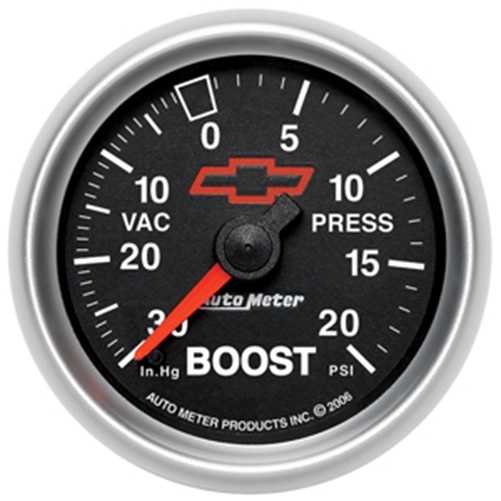 2-1/16" Boost/Vacuum, 30 In Hg/20 Psi, Chevy Red Bowtie, Black