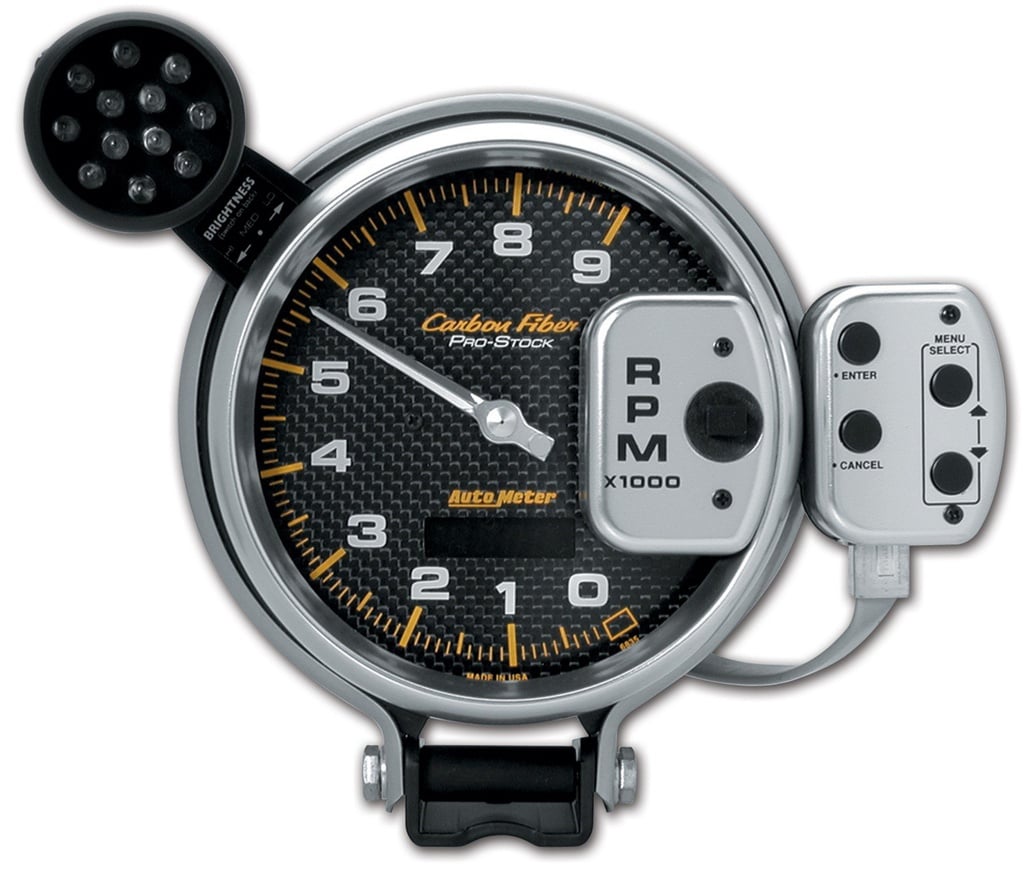 5" Tachometer, 0-9000 Rpm, Pro-Stock Pedestal W/ Super Lite & Peak Mem, Carbon Fiber