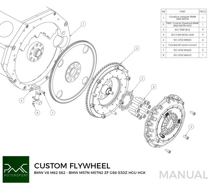 PMC Flywheel BMW V8 M62 - BMW M57N M57N2 GS6-53DZ HGU HGK - 240mm + crankshaft sensor adapter